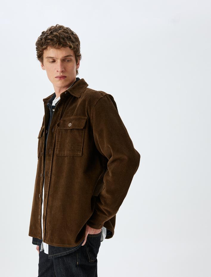  Uzun Kollu Düğmeli Cep Detaylı Pamuklu Fitilli Kadife Gömlek Ceket
