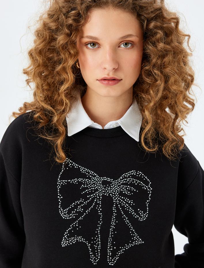  Şardonlu Fiyonk Baskılı Taşlı Bisiklet Yaka Uzun Kollu Sweatshirt