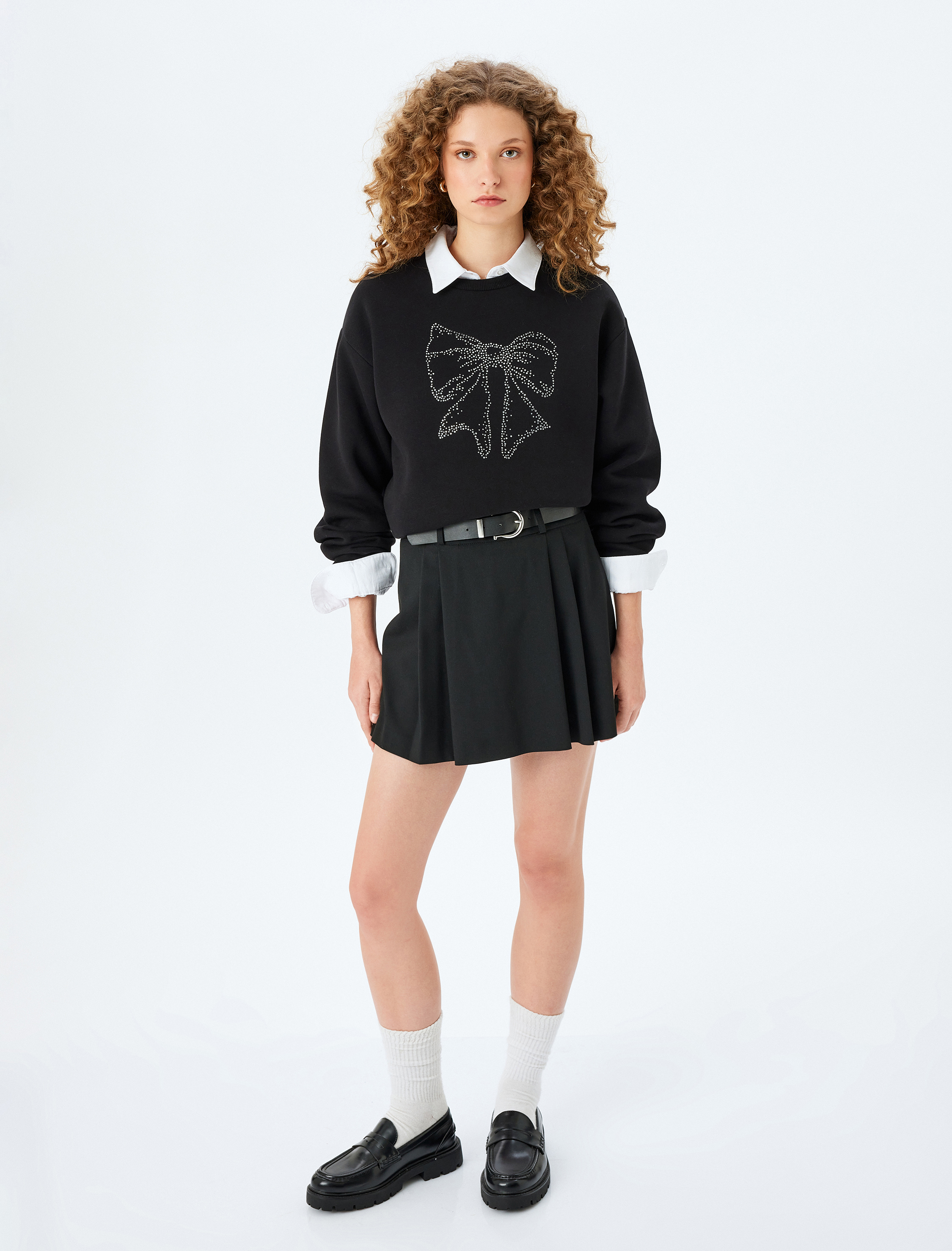 Şardonlu Fiyonk Baskılı Taşlı Bisiklet Yaka Uzun Kollu Sweatshirt