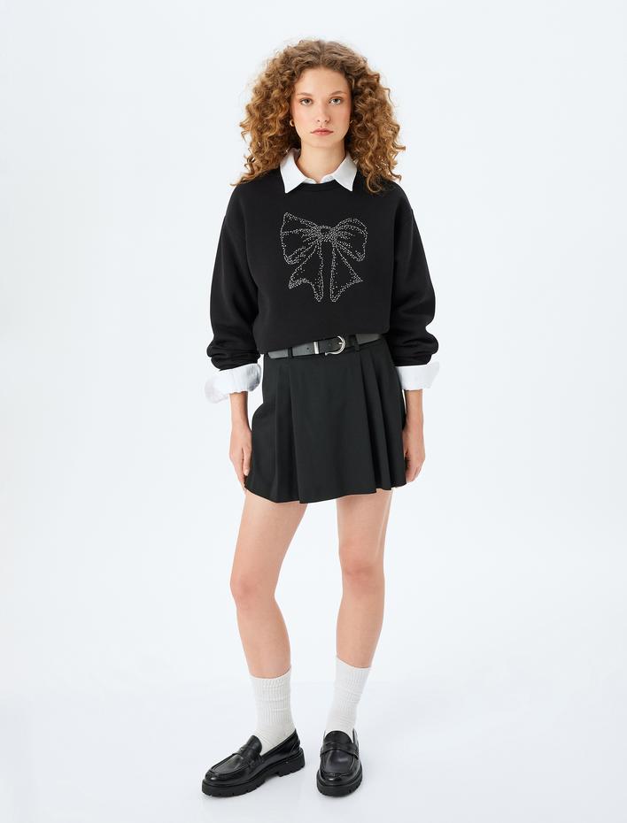  Şardonlu Fiyonk Baskılı Taşlı Bisiklet Yaka Uzun Kollu Sweatshirt