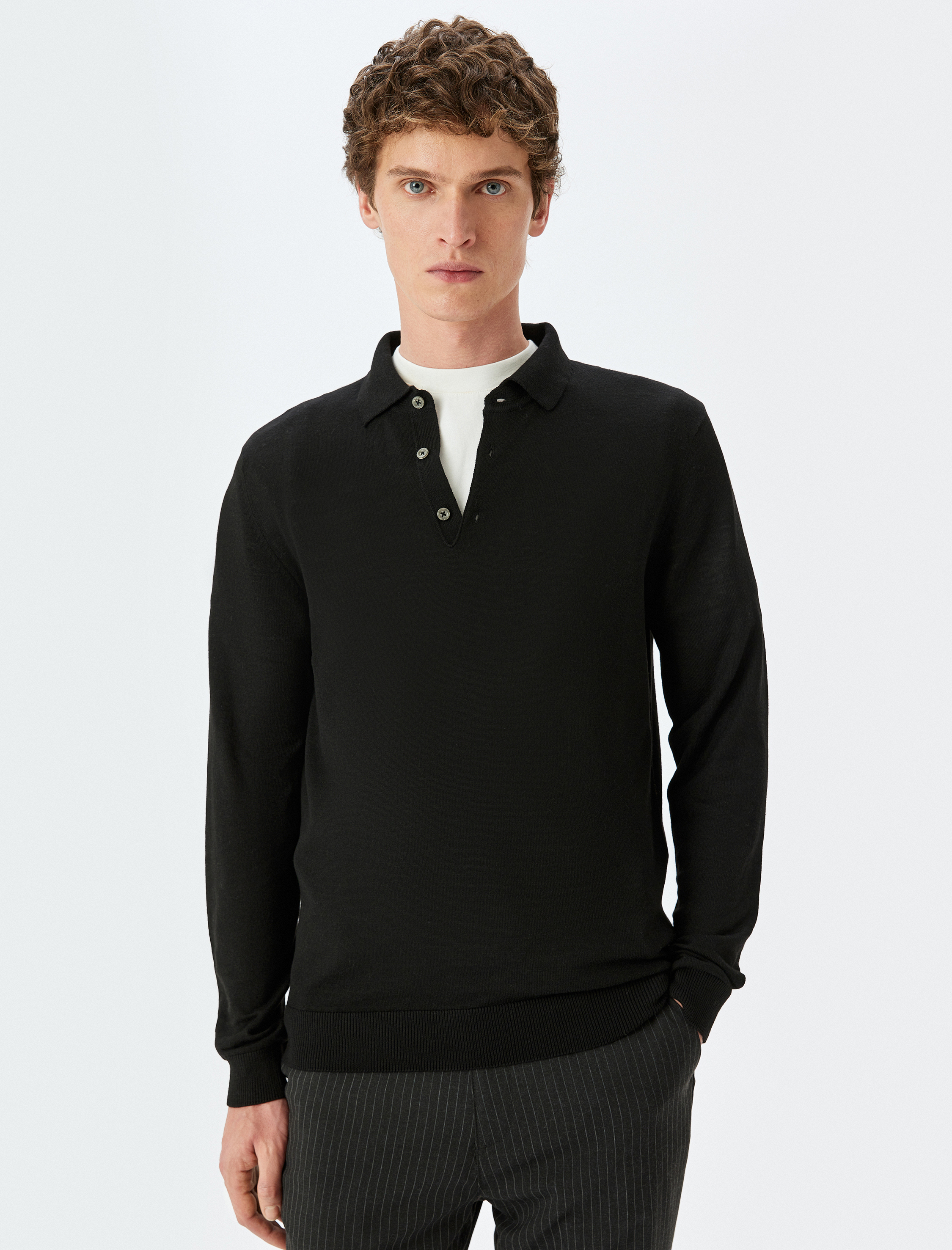 Triko Kazak Polo Yaka Basic Düğme Detaylı