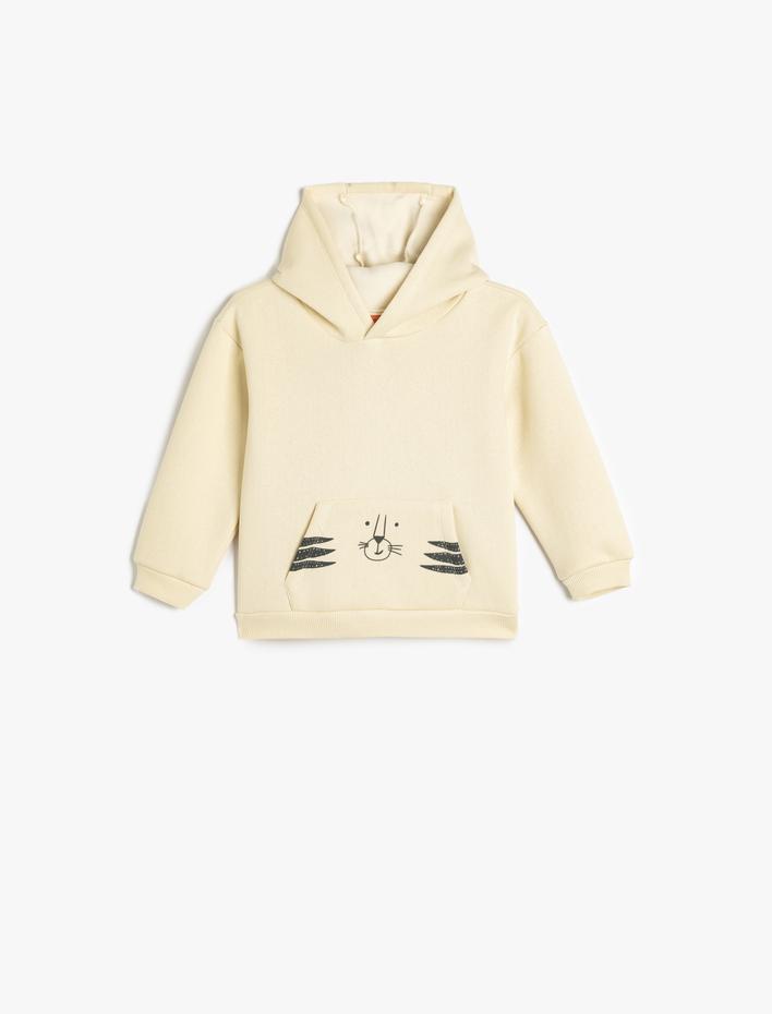 Erkek Bebek Kanguru Cepli Kapüşonlu Baskılı Şardonlu Sweatshirt