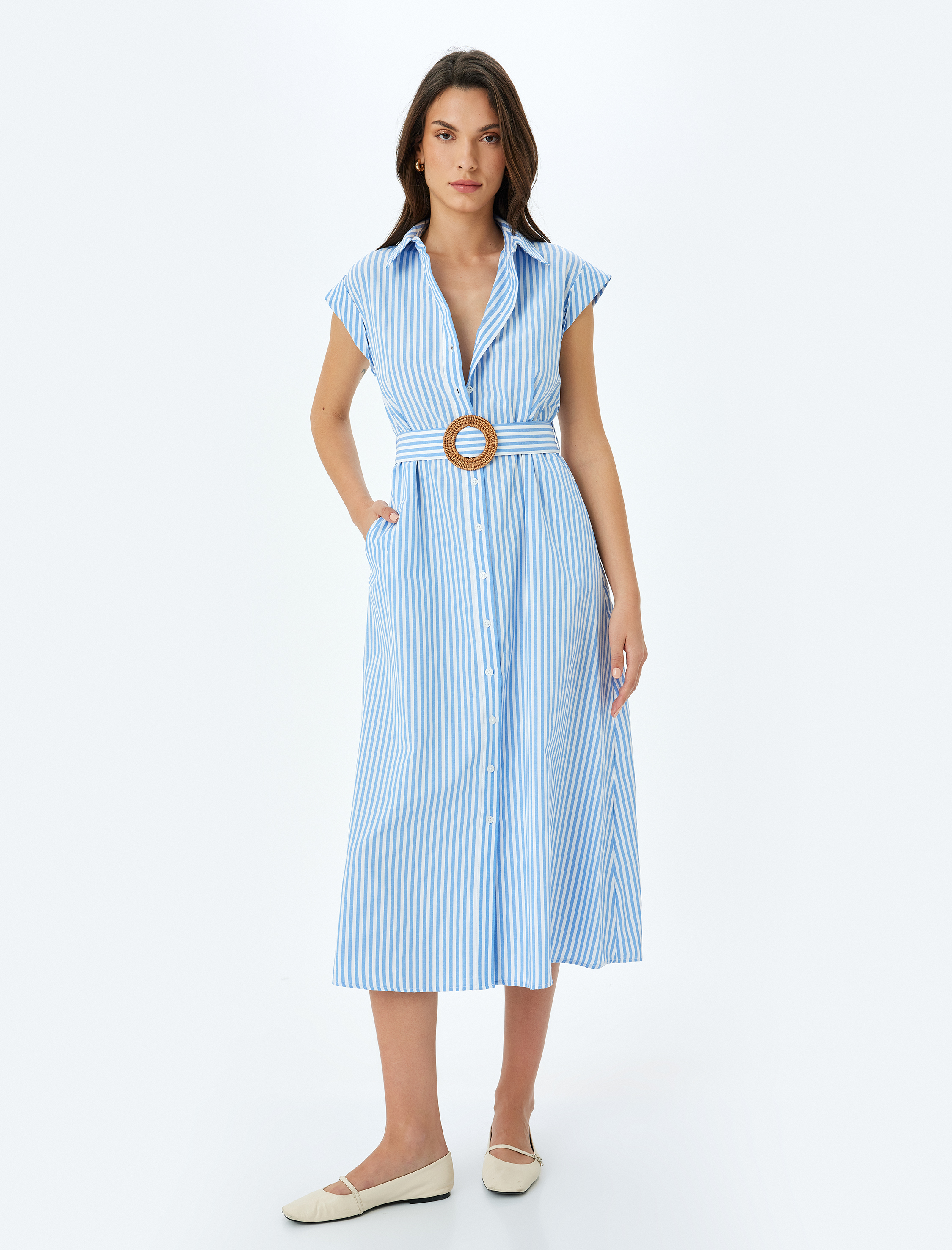   Kemer Detaylı Astarsız Cepli Çizgili Kolsuz Uzun Gömlek Elbise