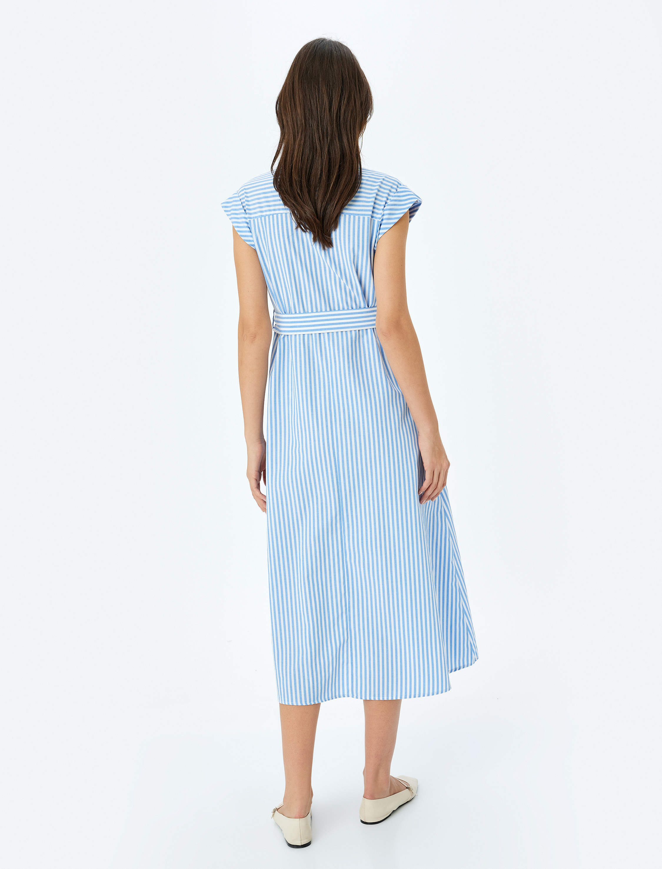   Kemer Detaylı Astarsız Cepli Çizgili Kolsuz Uzun Gömlek Elbise