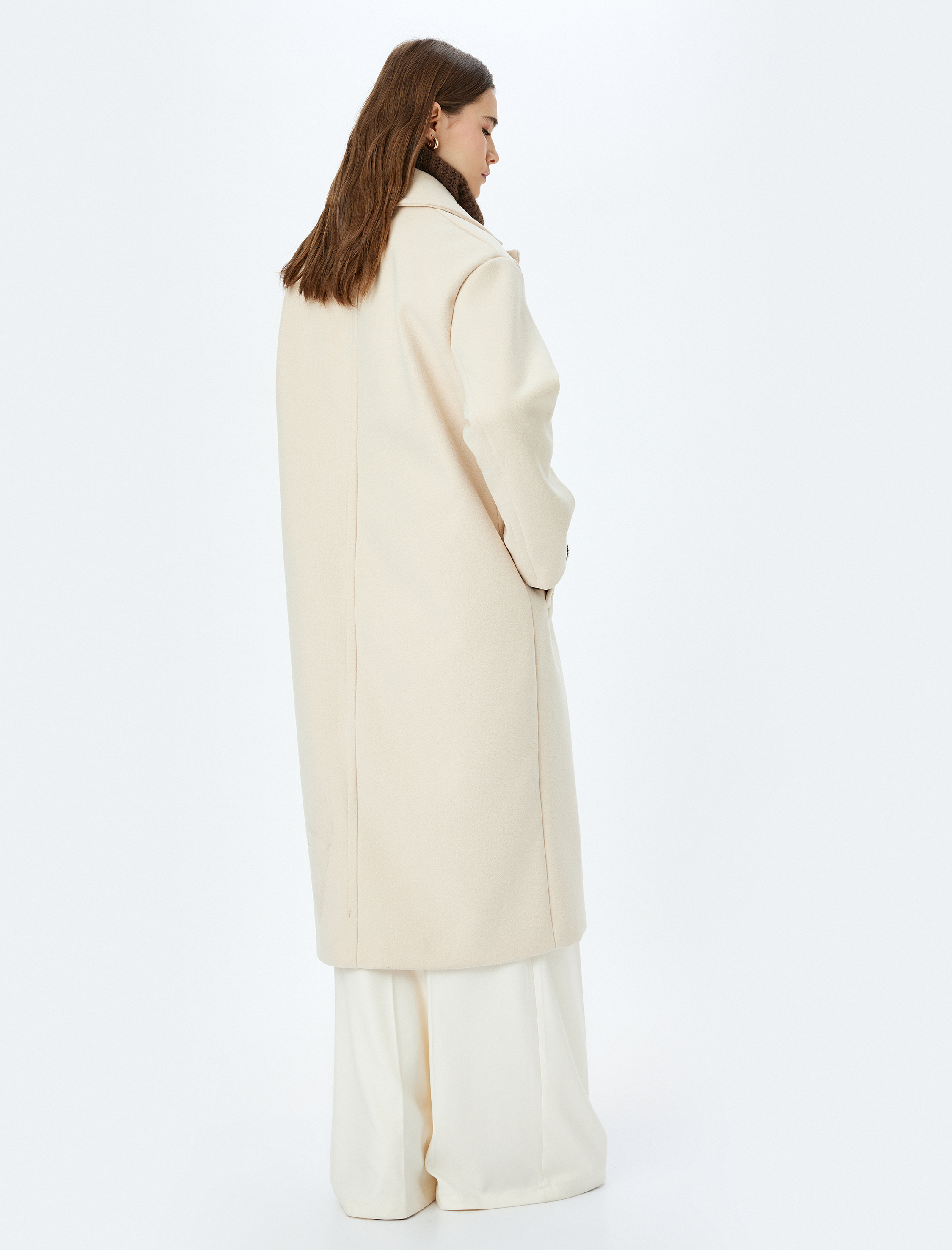 Düğmeli Kruvaze Uzun Kaşe Kaban