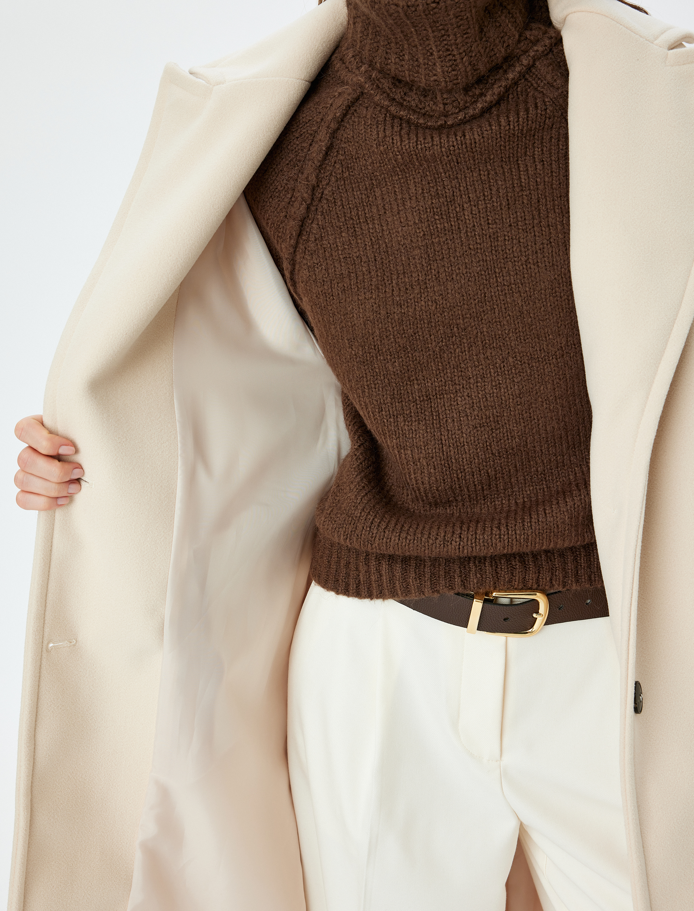 Düğmeli Kruvaze Uzun Kaşe Kaban