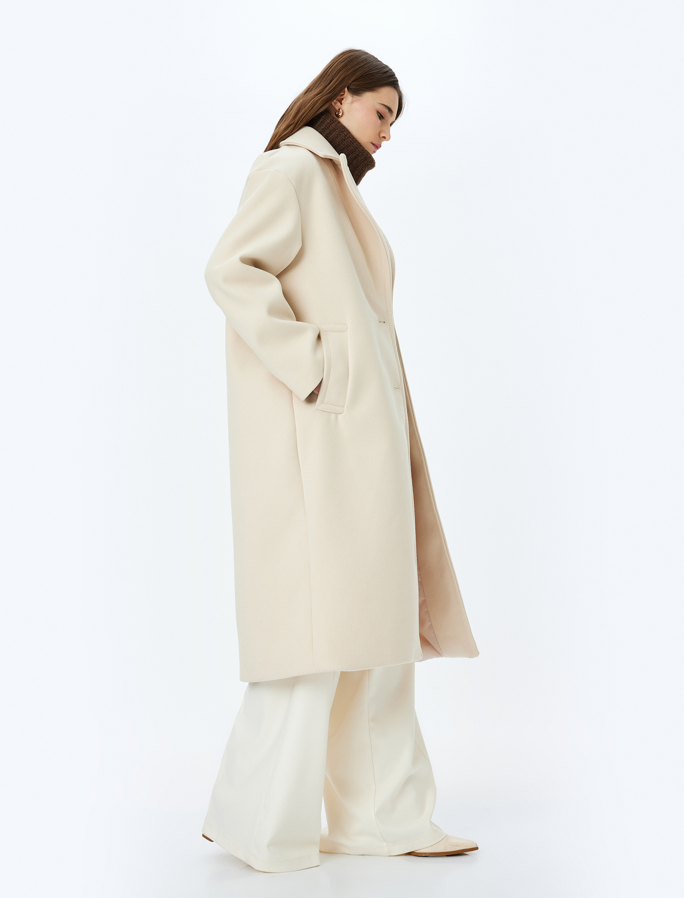 Düğmeli Kruvaze Uzun Kaşe Kaban