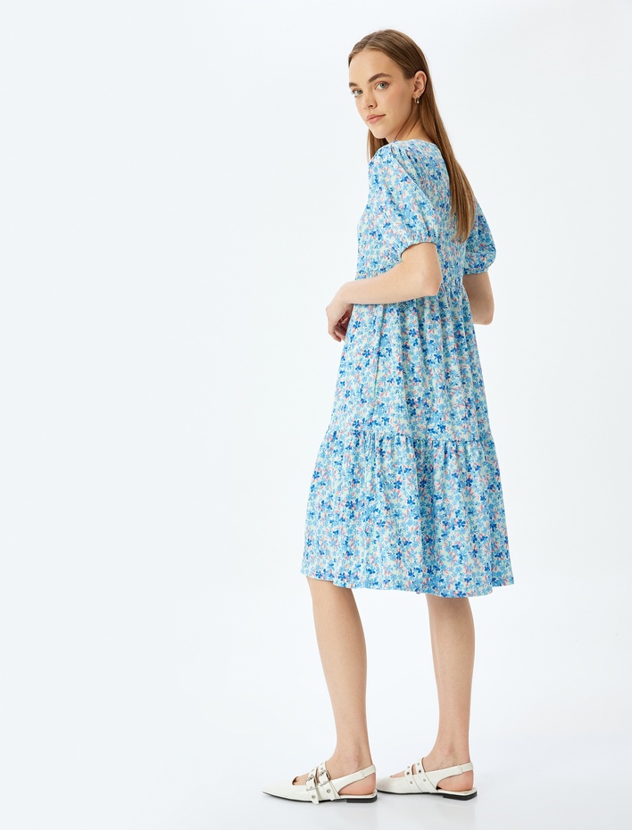  Fırfır Detaylı Balon Kollu Katlı Çiçekli Midi Elbise Bürümcük