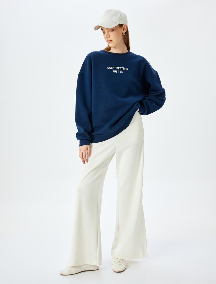  Şardonlu Slogan Baskılı Oversize Bisiklet Yaka Sweatshirt