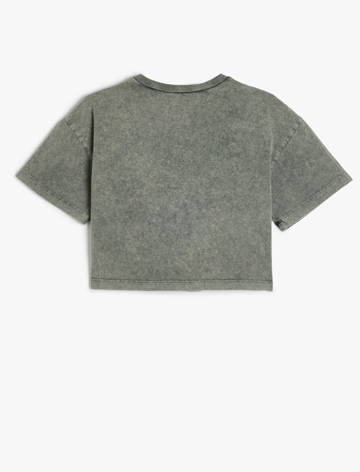 Kız Çocuk Baskılı Bisiklet Yaka Kısa Kollu Crop Tişört