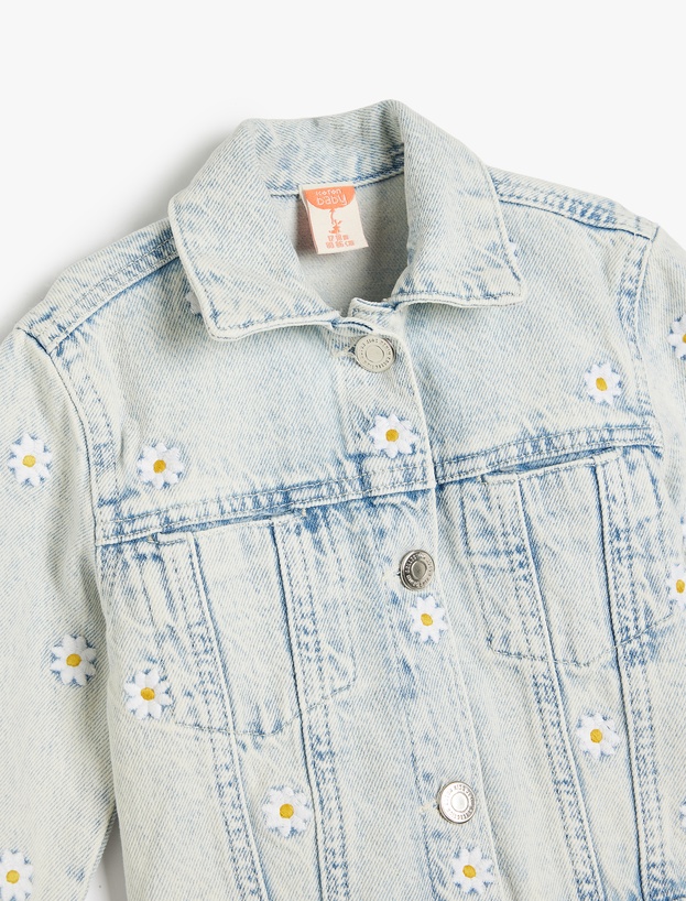 Çiçek Nakışlı Düğmeli Denim Ceket_2