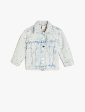 Çiçek Nakışlı Düğmeli Denim Ceket