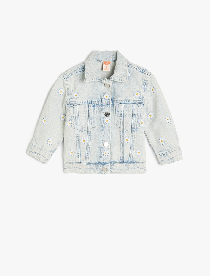 Kız Bebek Çiçek Nakışlı Düğmeli Denim Ceket