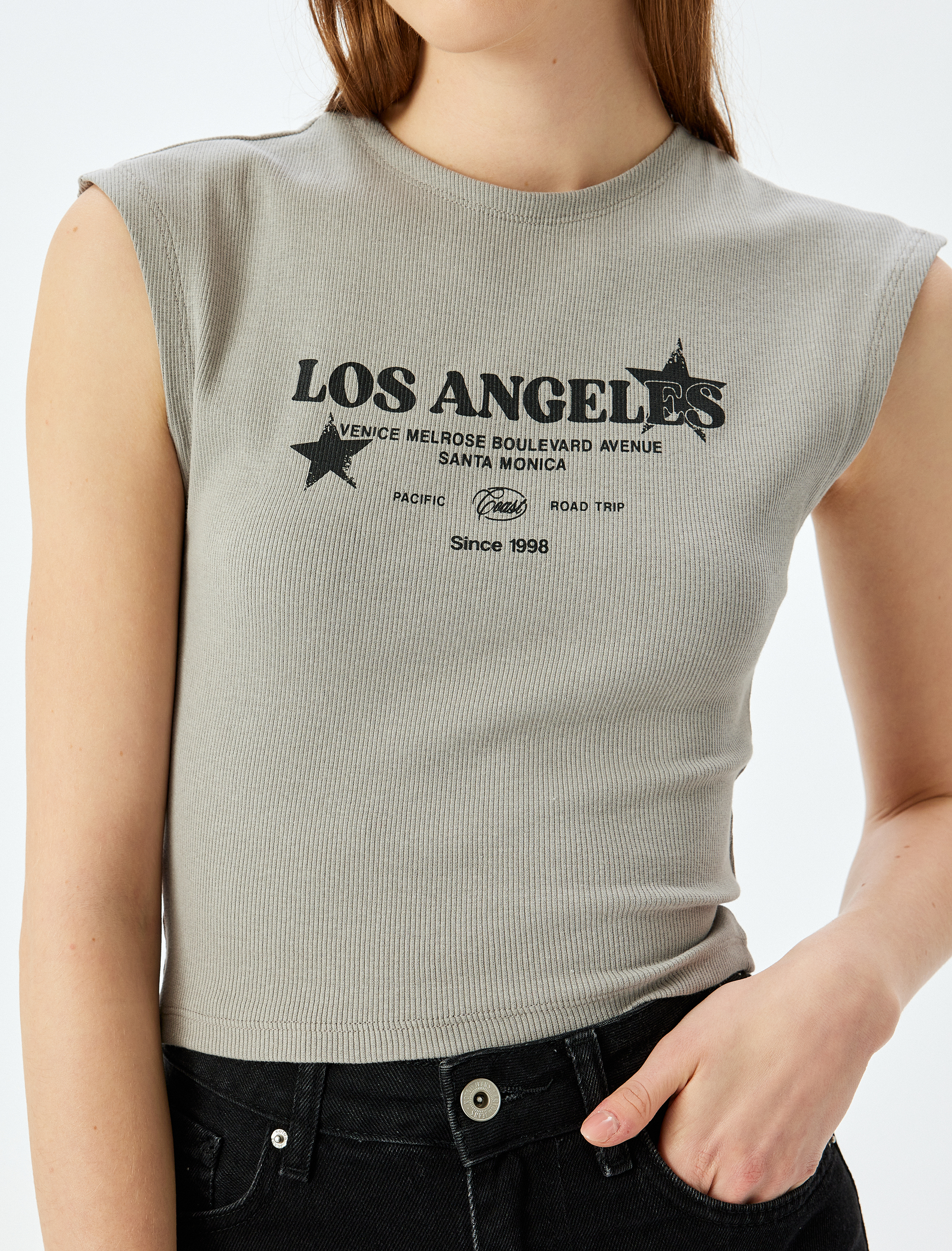   Bisiklet Yaka Kolej Baskılı Kolsuz Crop Tişört