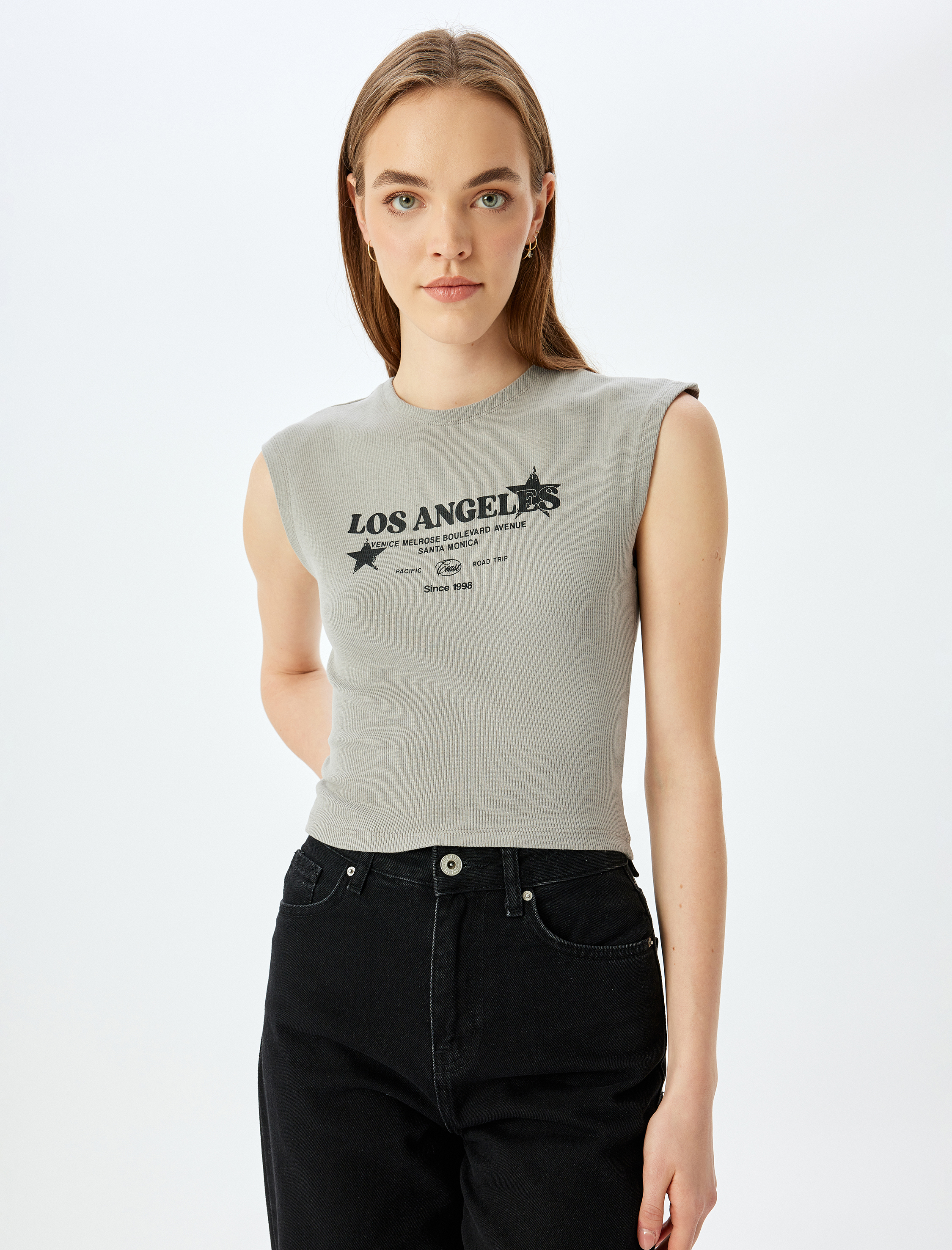   Bisiklet Yaka Kolej Baskılı Kolsuz Crop Tişört