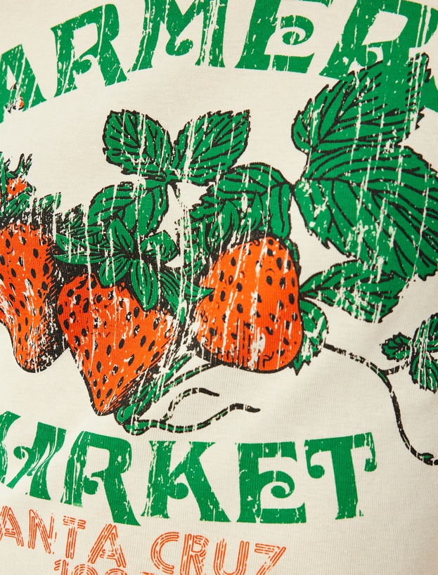 Bisiklet Yaka Çilek Baskılı Crop Biyeli Pamuklu Tişört_5