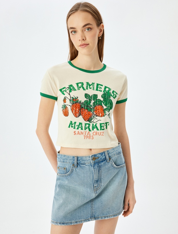 Bisiklet Yaka Çilek Baskılı Crop Biyeli Pamuklu Tişört_2