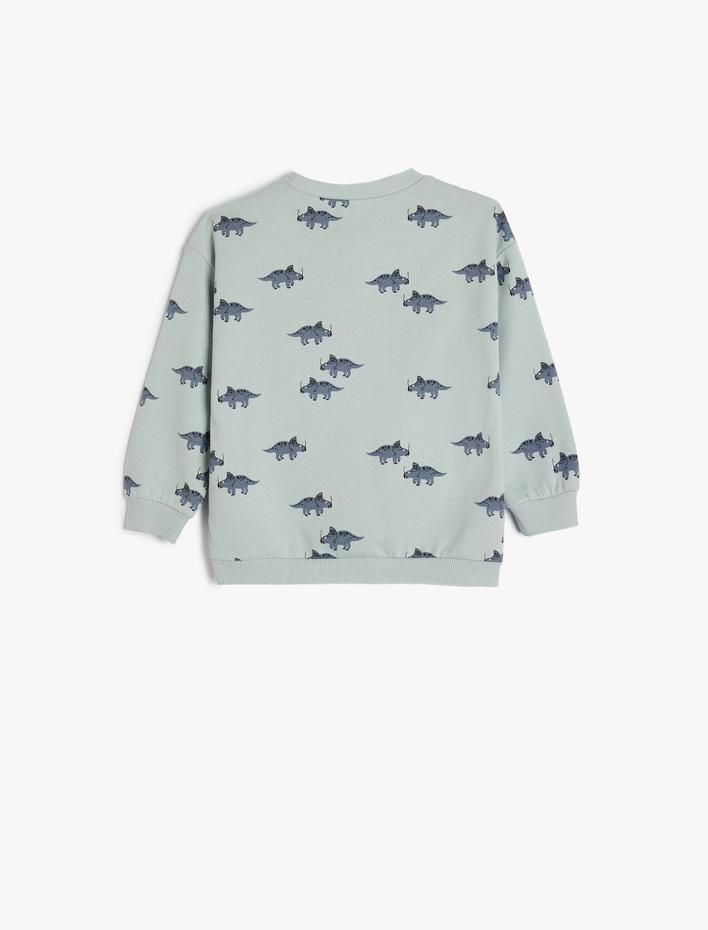 Erkek Bebek Dinozor Baskılı Bisiklet Yaka Pamuklu Şardonlu Sweatshirt