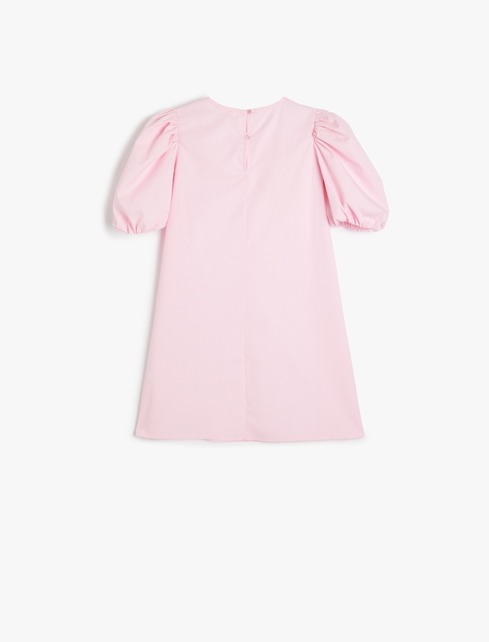 Kız Çocuk Balon Kollu Çiçek Detaylı Pamuklu Elbise