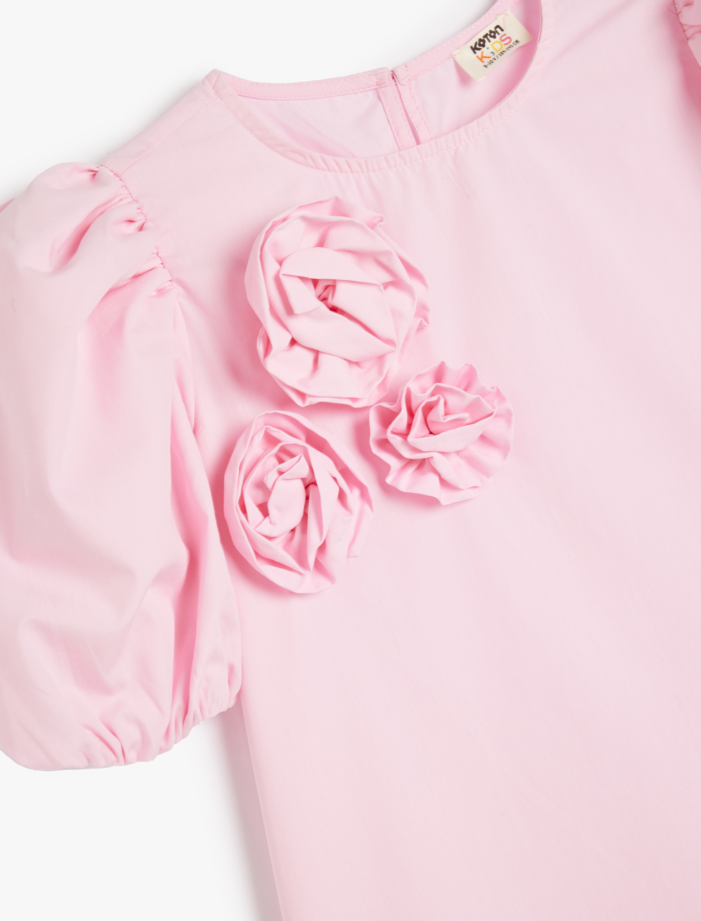  Kız Çocuk Balon Kollu Çiçek Detaylı Pamuklu Elbise