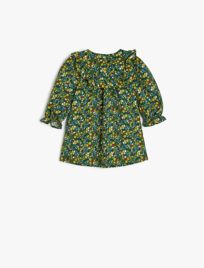 Kız Bebek Çiçek Desenli Uzun Kollu Bisiklet Yaka Pamuklu Elbise