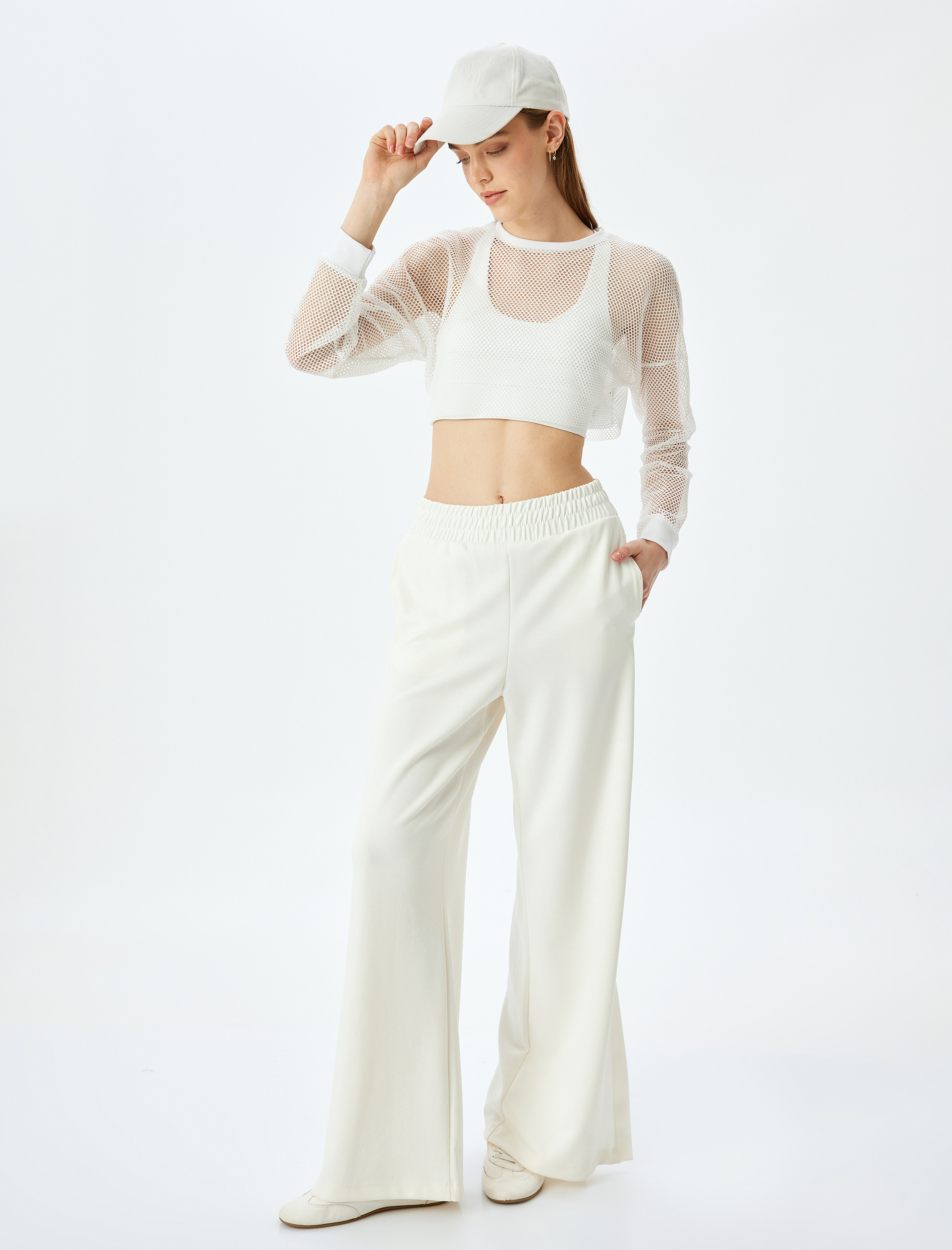   File Detaylı Uzun Kollu Bisiklet Yaka Crop Spor Tişört