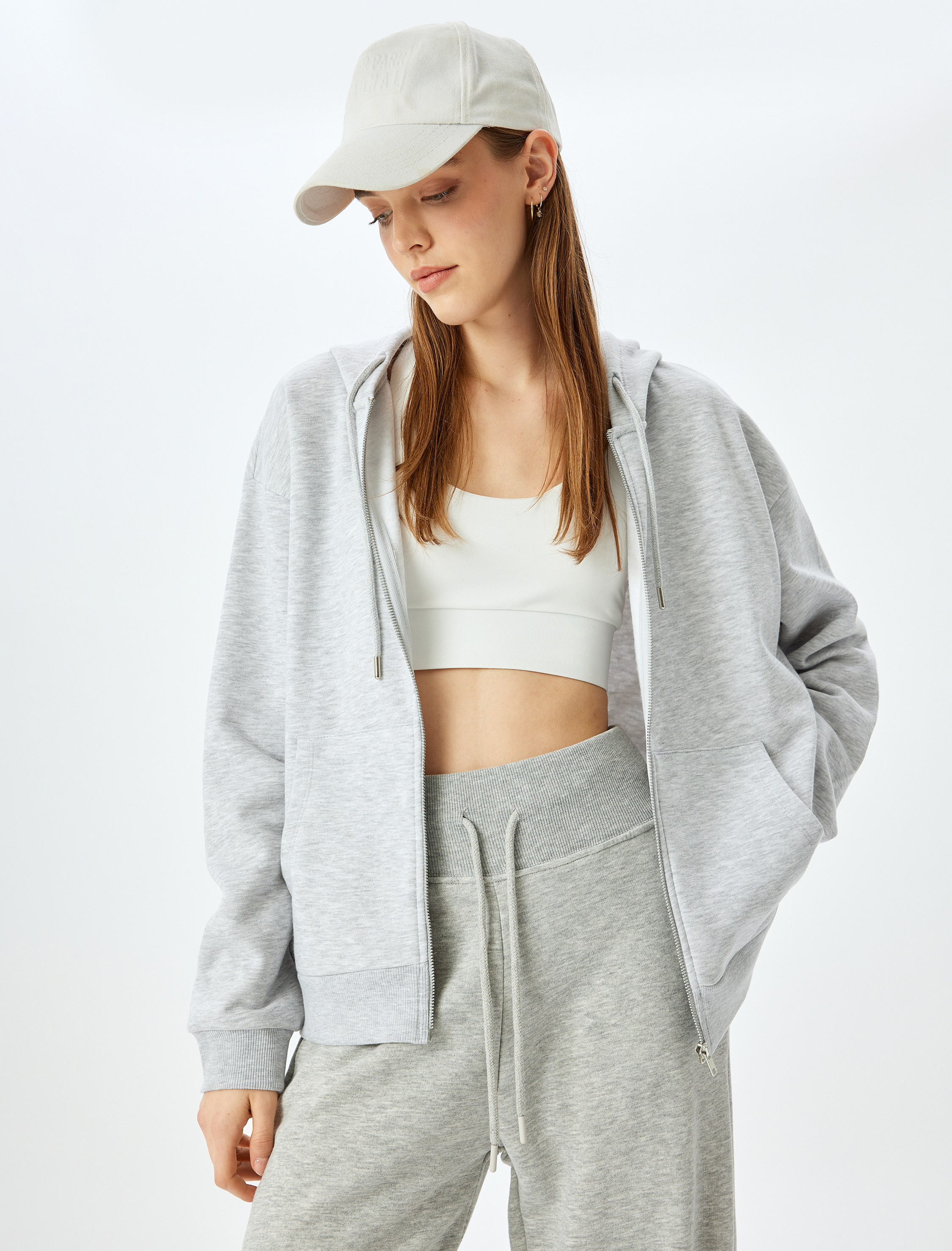   Şardonlu Oversize Kapüşonlu Uzun Kollu Spor Sweatshirt