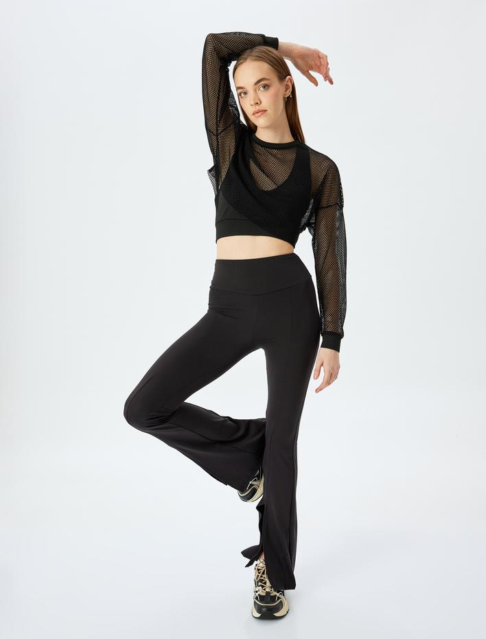  File Detaylı Crop Bisiklet Yaka Uzun Kollu Spor Tişört