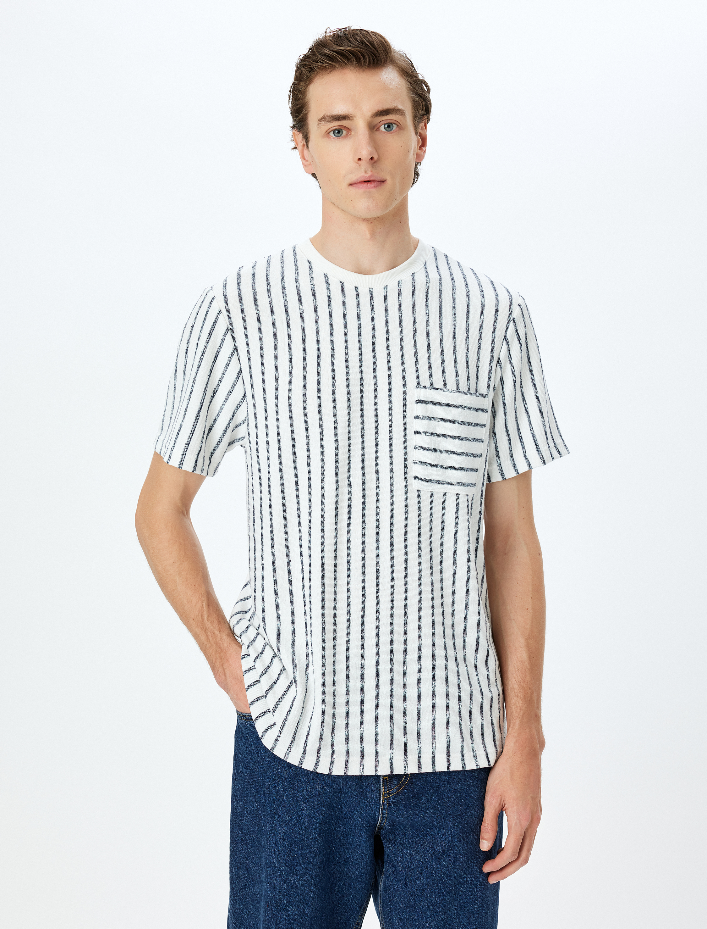   Çizgili Cepli Kısa Kollu Regular Fit Viskon Karışımlı Tok Kumaş Bisiklet Yaka Tişört