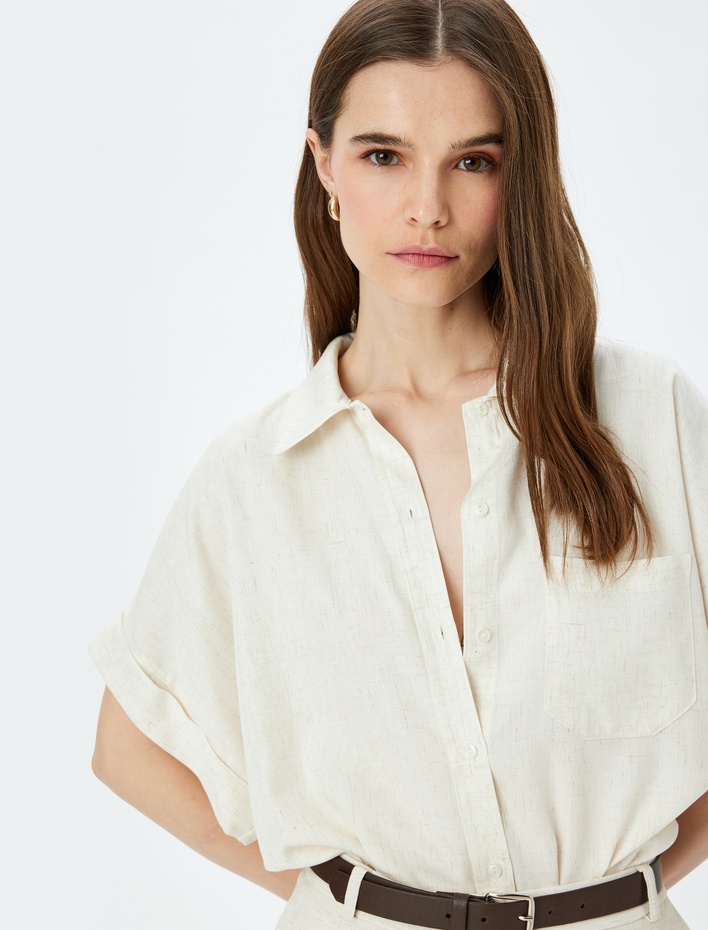  Tek Cep Detaylı Keten Karışımlı Kısa Kollu Gömlek