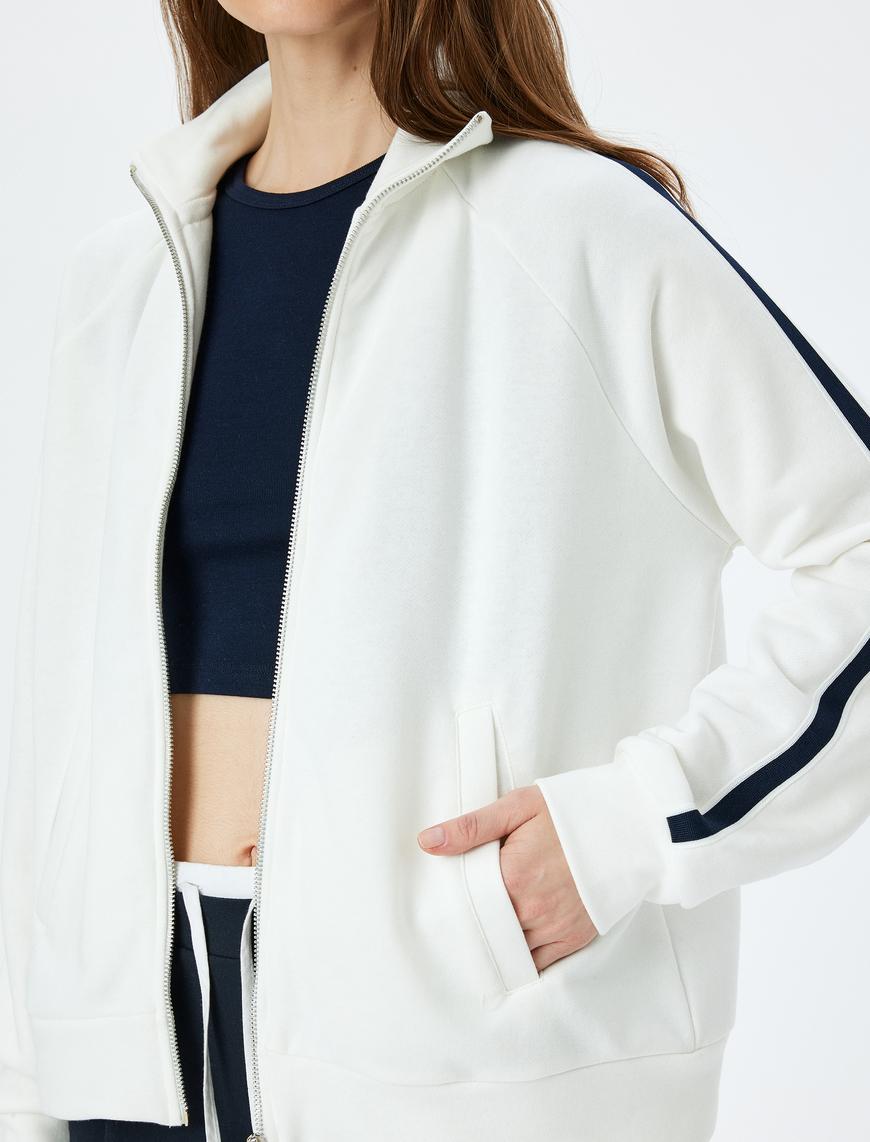   Cepli Dik Yaka Fermuarlı  Çizgili Oversize Sweatshirt