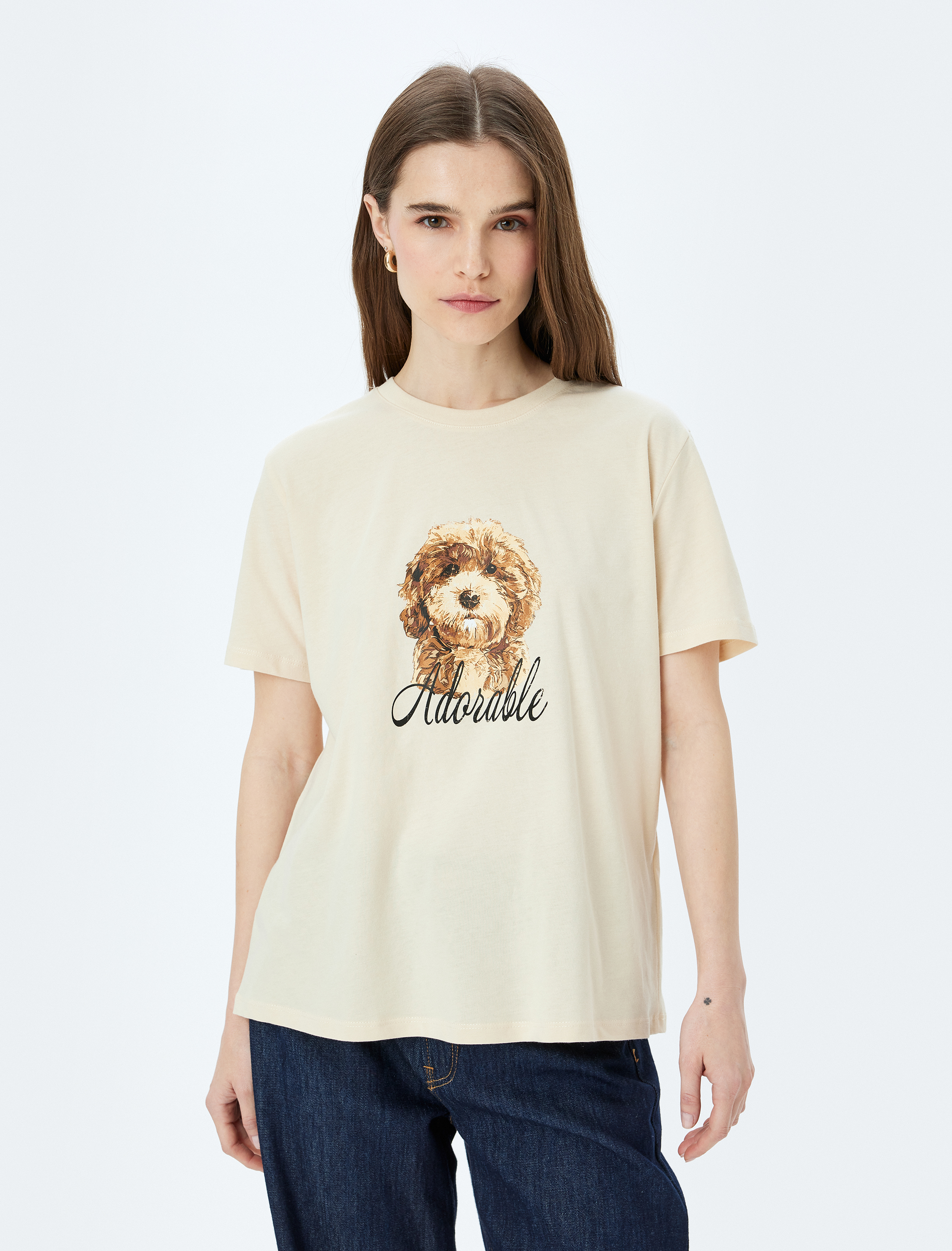   Köpek Baskılı Kısa Kollu Bisiklet Yaka Tişört