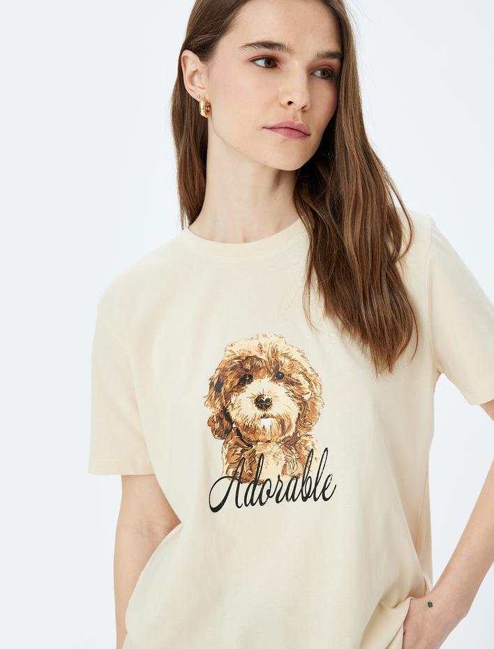  Köpek Baskılı Kısa Kollu Bisiklet Yaka Tişört