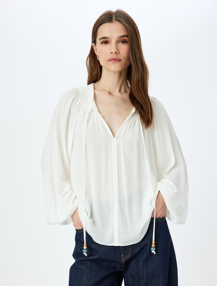  Bağlamalı Yuvarlak Yaka Uzun Kollu Balon Kol Viskon Bluz