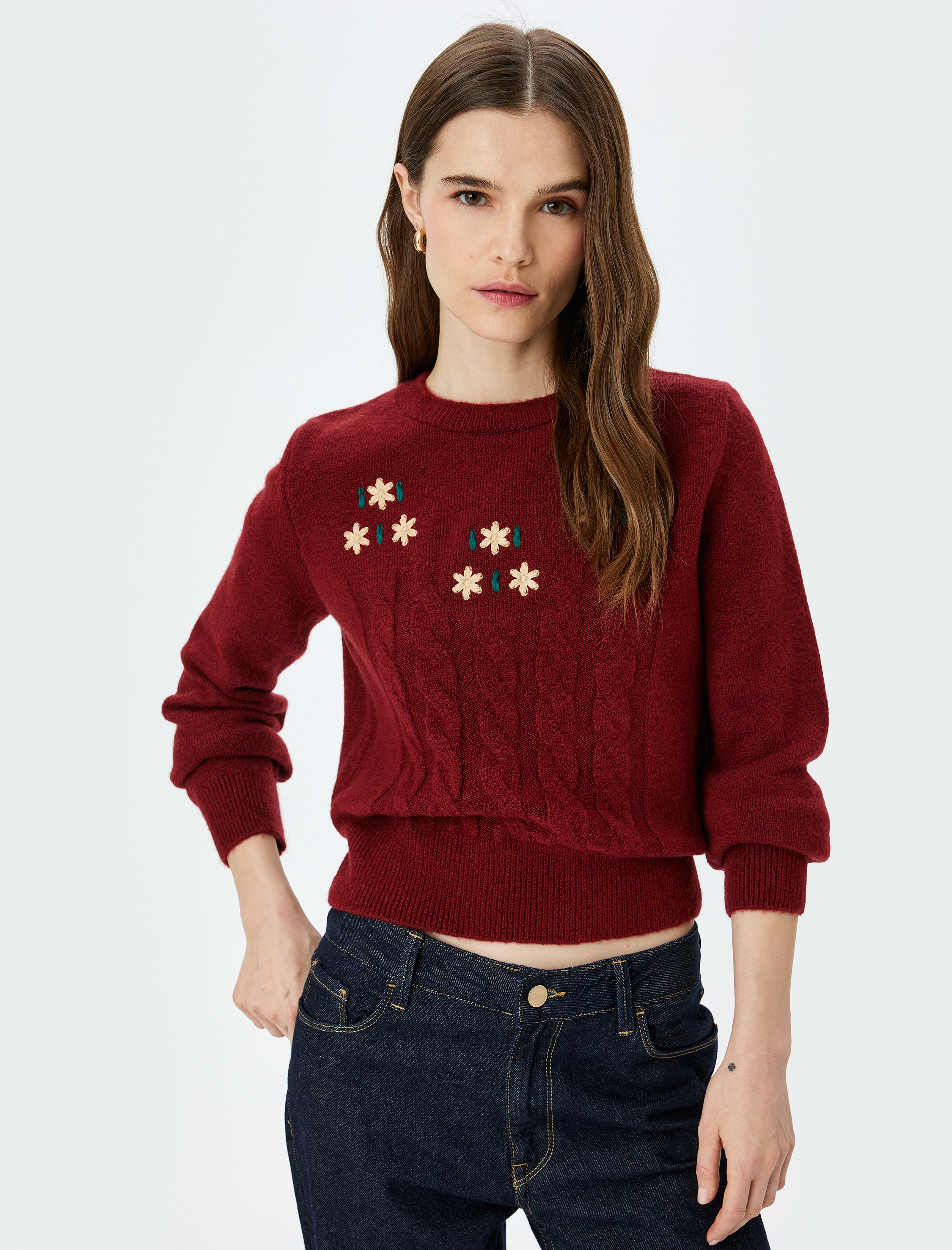   Uzun Kollu Bisiklet Yaka Çiçekli Saç Örgü Dokulu Örme Kazak