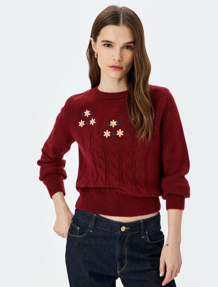  Uzun Kollu Bisiklet Yaka Çiçekli Saç Örgü Dokulu Örme Kazak