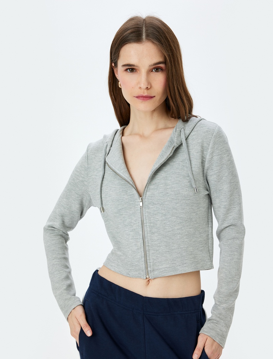   Kapüşonlu Fermuarlı Crop Sweatshirt