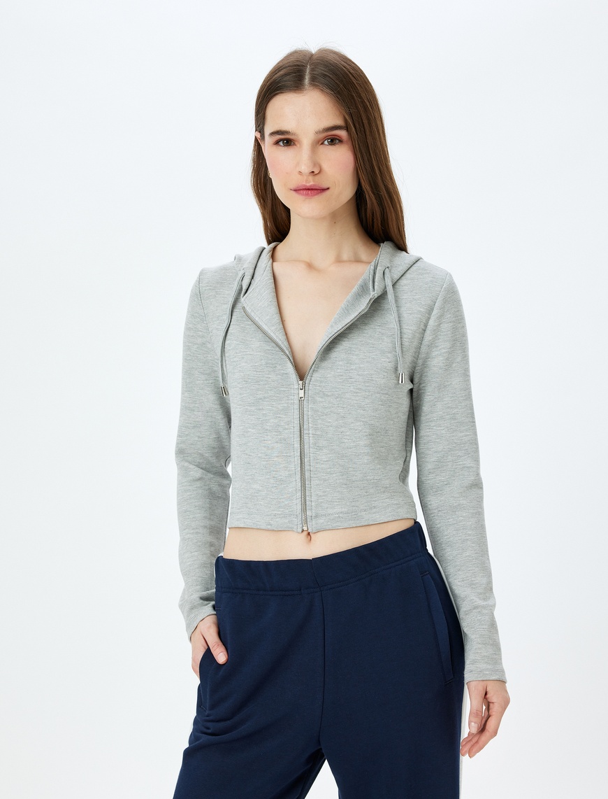   Kapüşonlu Fermuarlı Crop Sweatshirt