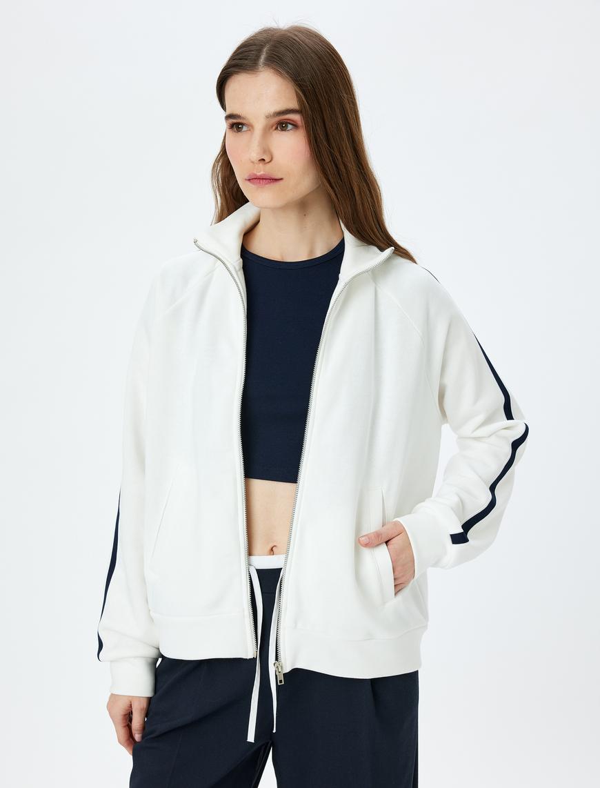   Cepli Dik Yaka Fermuarlı  Çizgili Oversize Sweatshirt