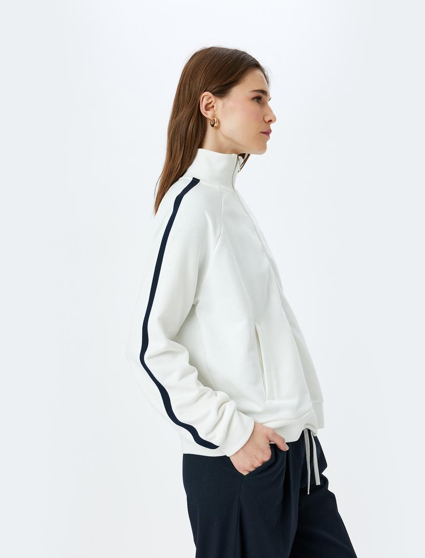   Cepli Dik Yaka Fermuarlı  Çizgili Oversize Sweatshirt