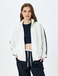 Cepli Dik Yaka Fermuarlı  Çizgili Oversize Sweatshirt