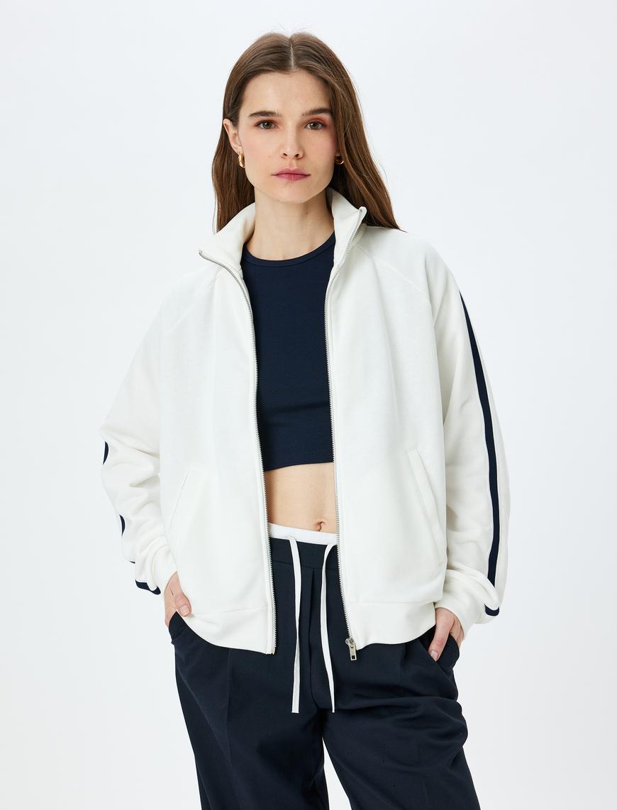   Cepli Dik Yaka Fermuarlı  Çizgili Oversize Sweatshirt