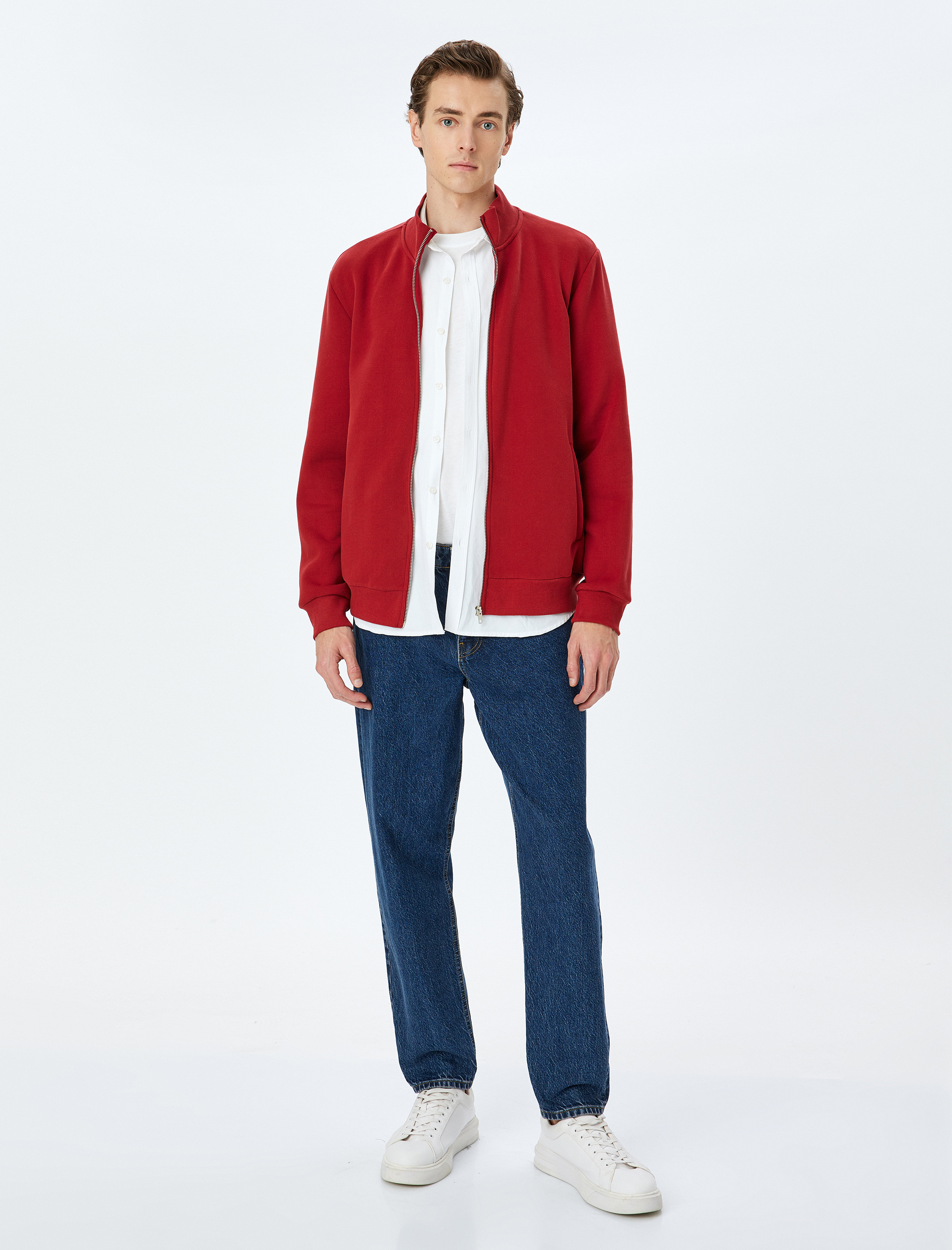   Dik Yaka Şardonlu Basic Fermuarlı Hırka