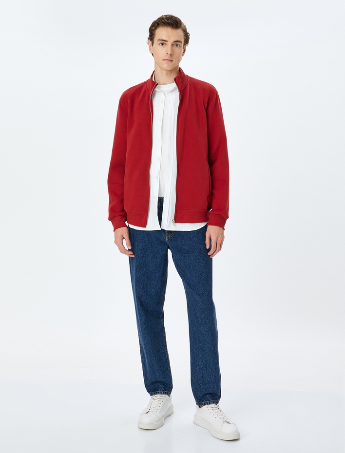  Dik Yaka Şardonlu Basic Fermuarlı Hırka