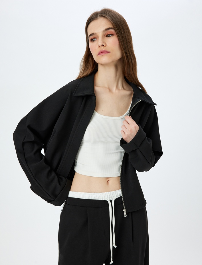  Fermuar Detaylı Gömlek Yaka Uzun Kollu Ceket