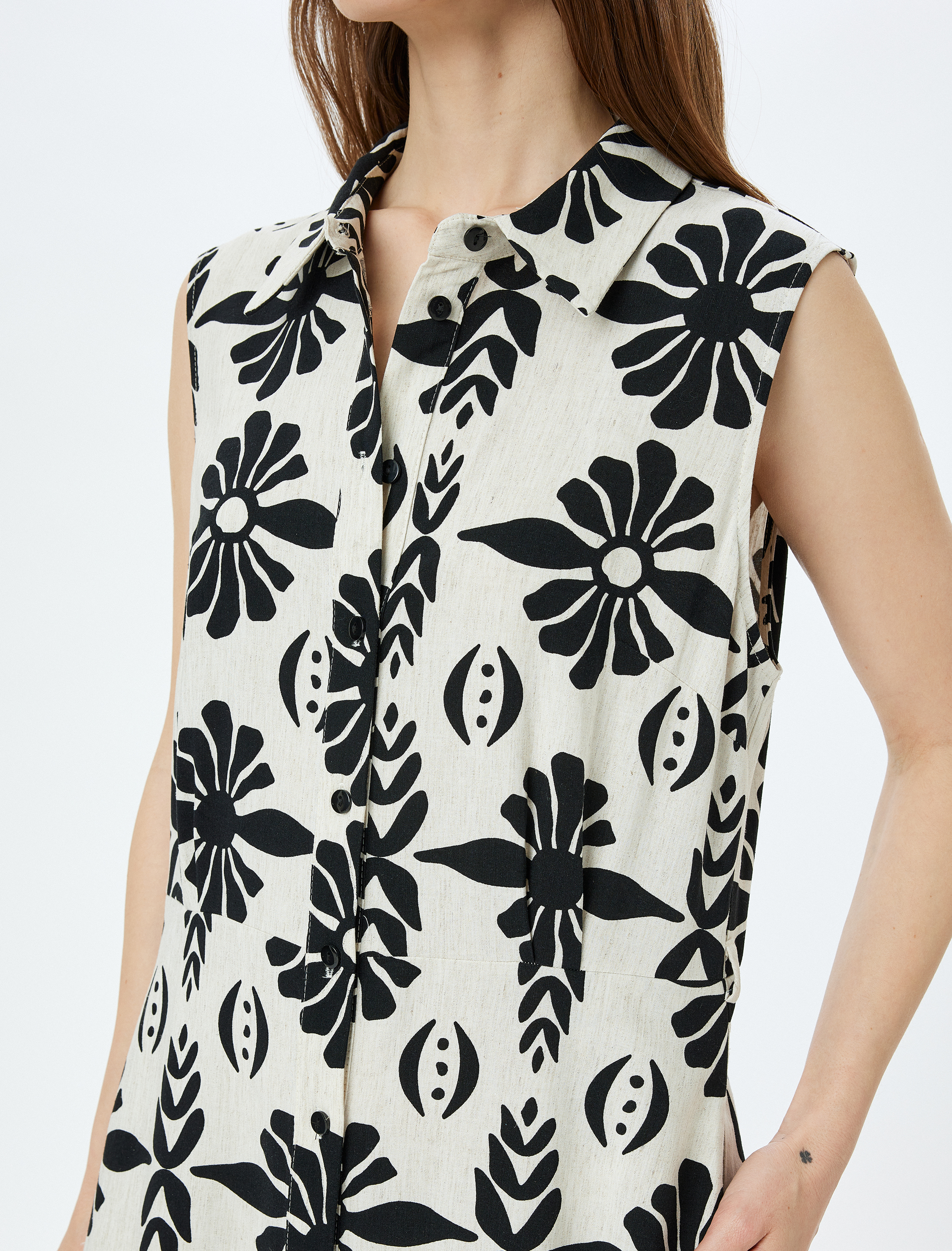 Keten Karışımlı Kolsuz Etnik Desenli Uzun Gömlek Elbise