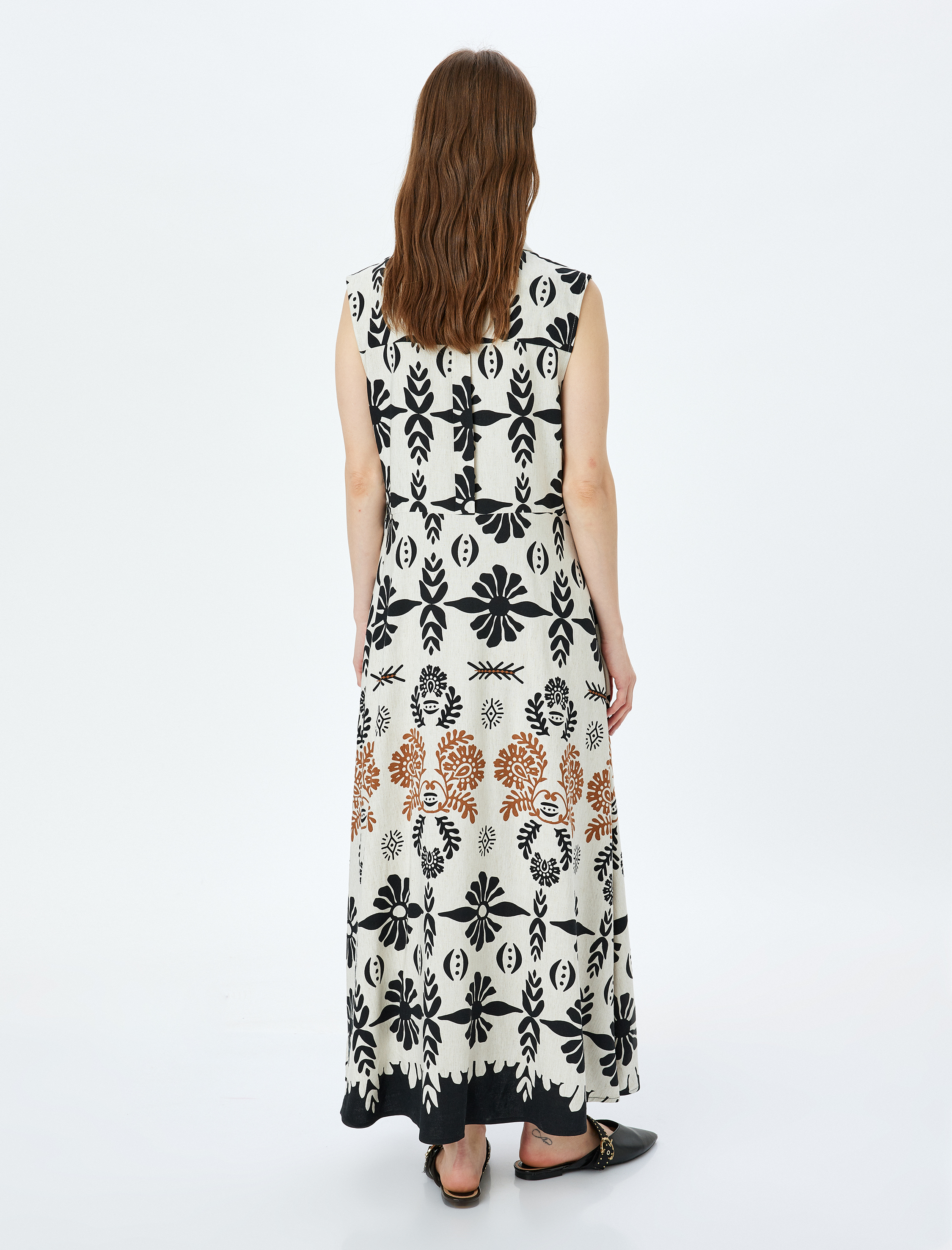 Keten Karışımlı Kolsuz Etnik Desenli Uzun Gömlek Elbise