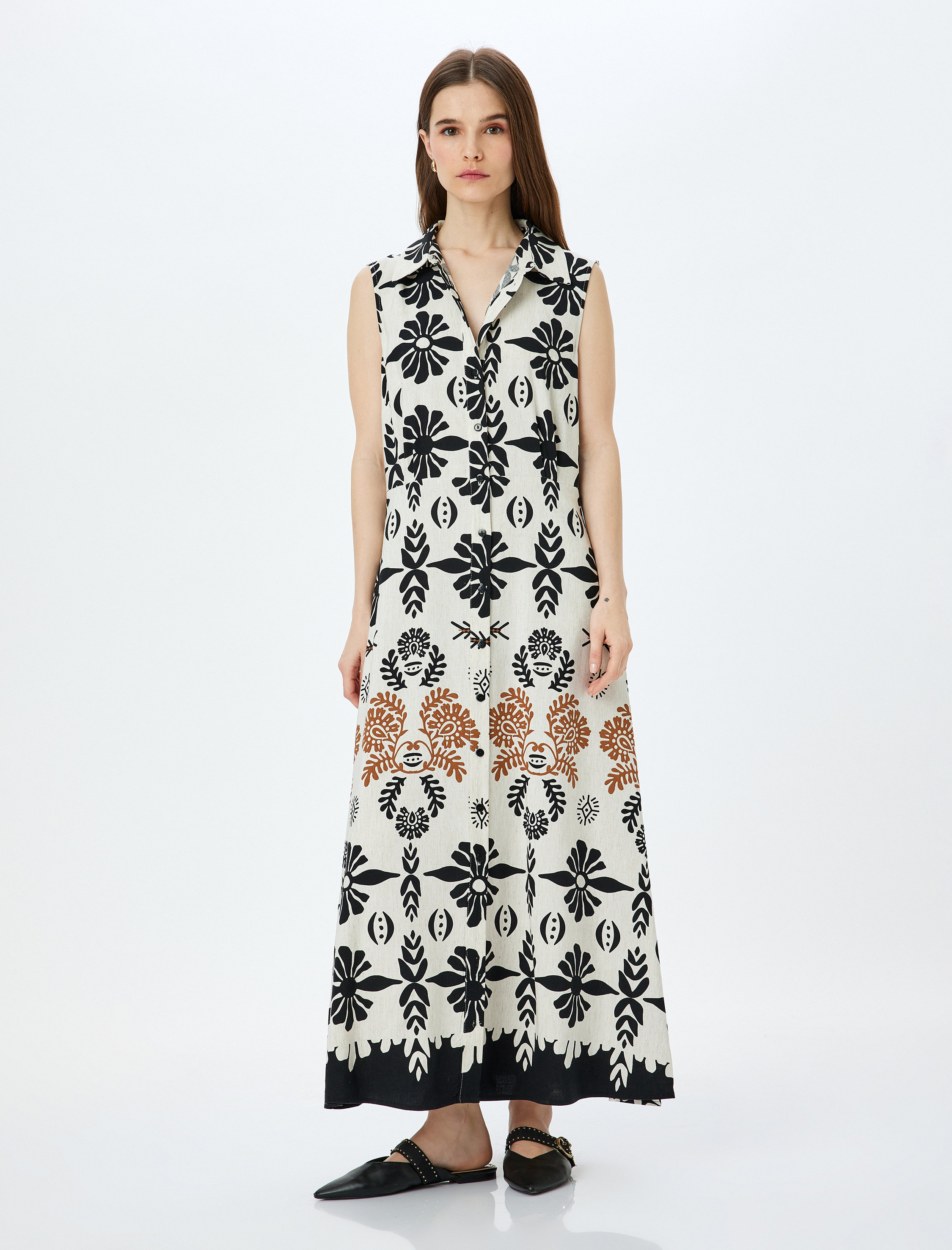 Keten Karışımlı Kolsuz Etnik Desenli Uzun Gömlek Elbise