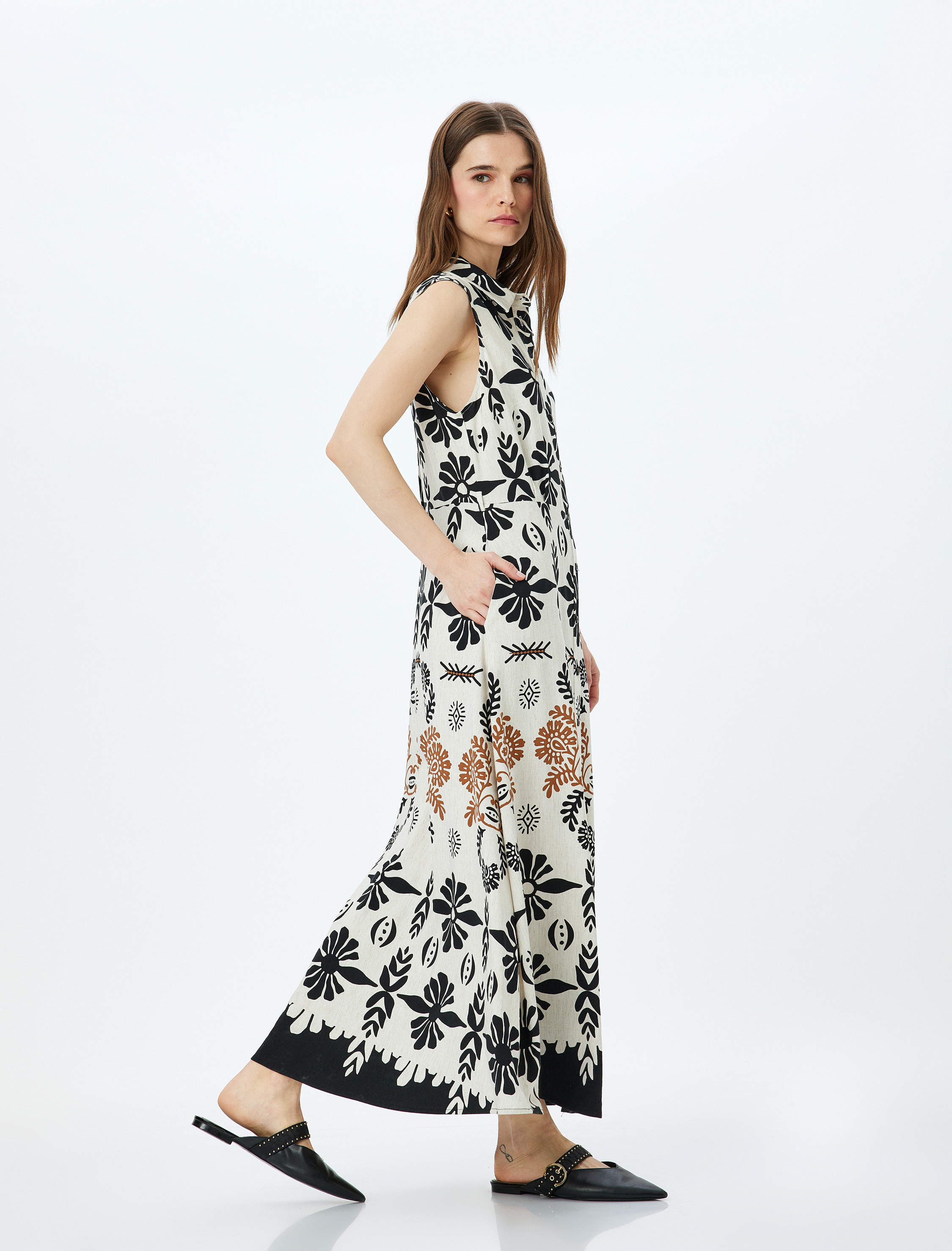 Keten Karışımlı Kolsuz Etnik Desenli Uzun Gömlek Elbise