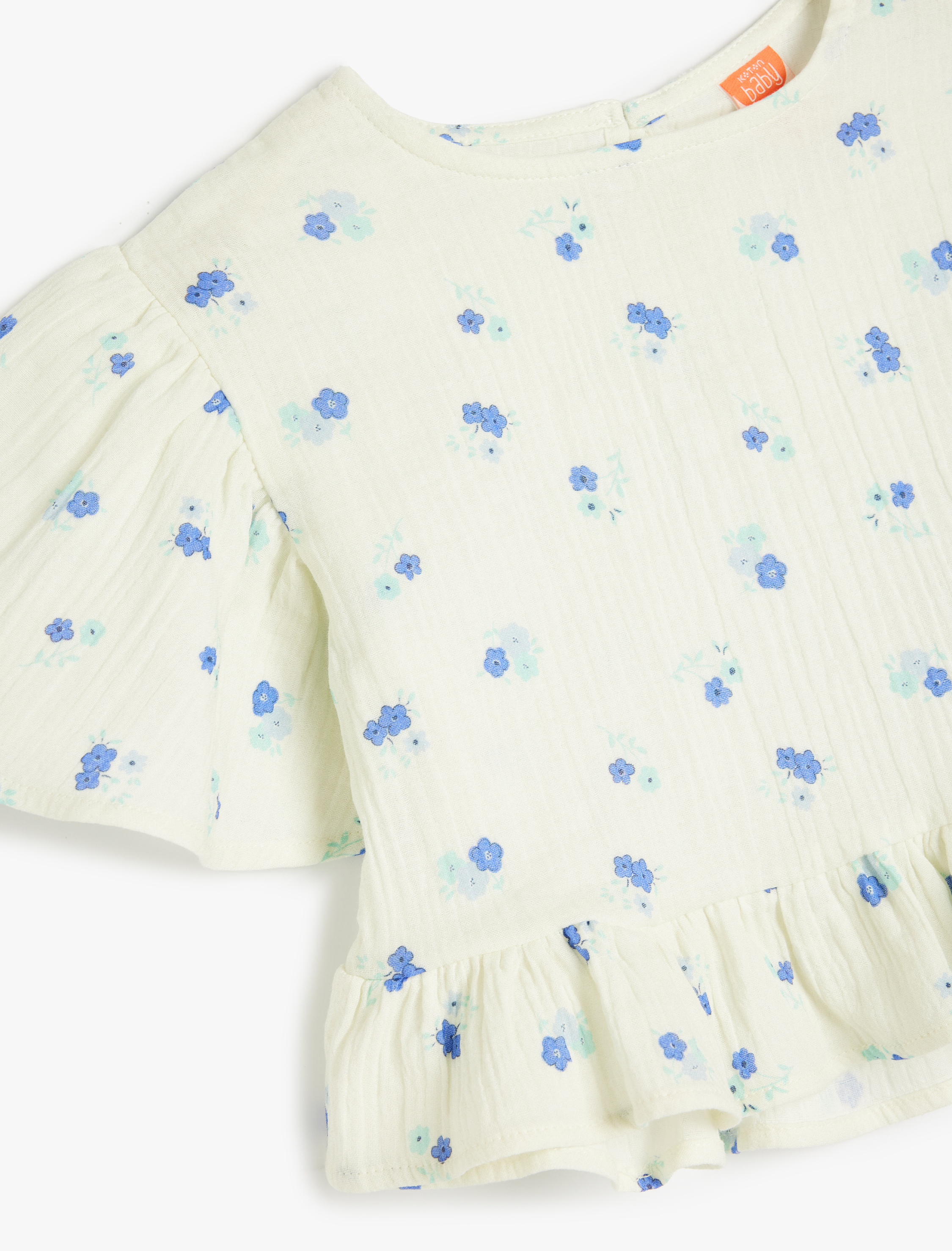  Kız Bebek Yuvarlak Yaka Fırfır Detaylı Kısa Kollu Pamuklu Çiçekli Bluz